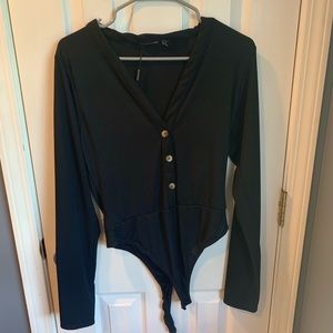 PLT Black Long Sleeve Button Detail Bodysuit